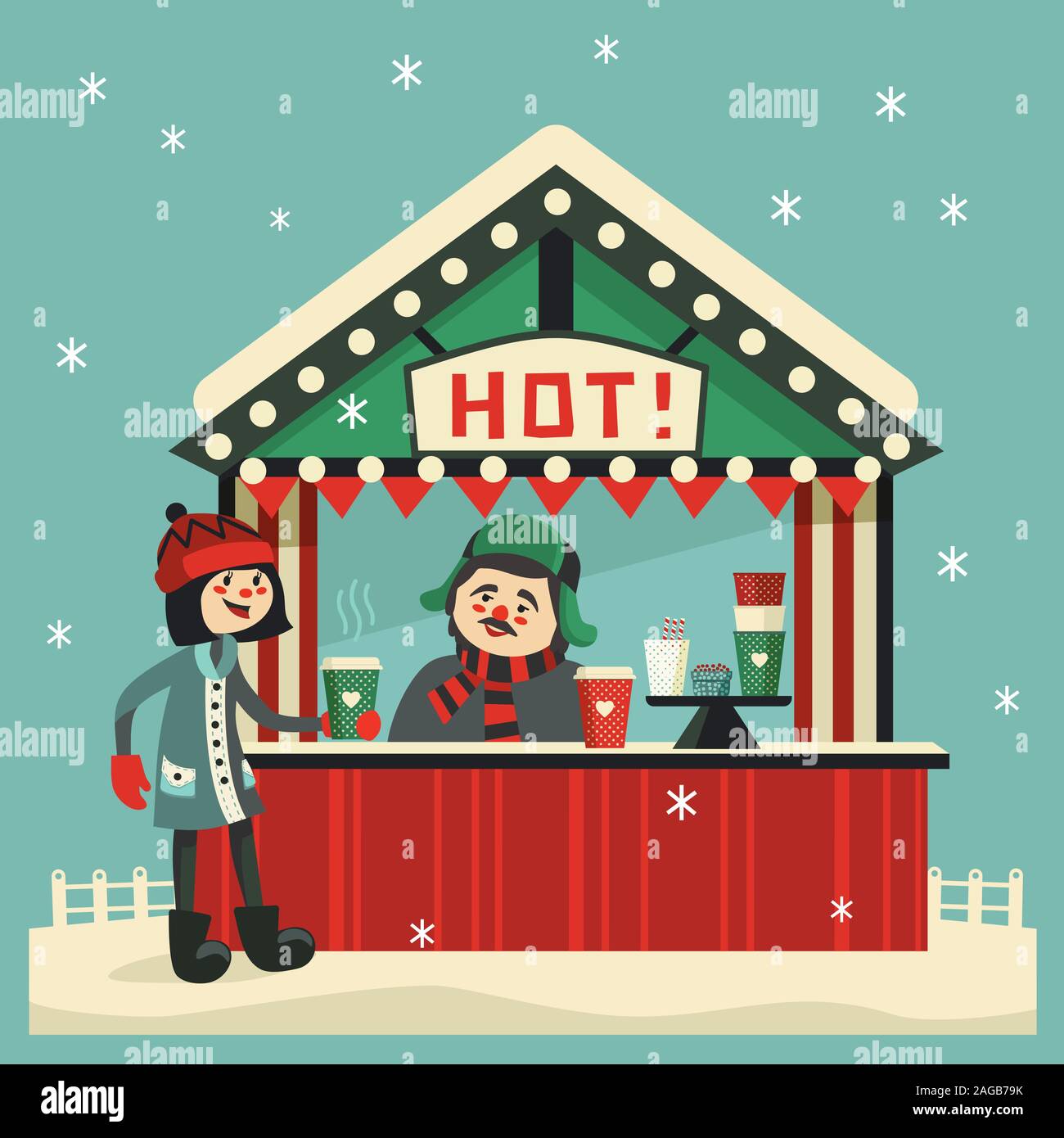 Hot drinks street kiosk flat color vector icon Stock Vector