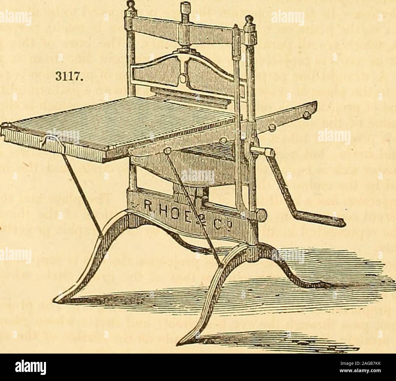 . Appleton's dictionary of machines, mechanics, engine-work, and engineering. Improved lithographicpress.—Fig. 3117. This is believed to be the best press in use for lithographicprinting. The side-rods and top beam are made of wrought-iron; the bed and stone are raised to theEcraper by a lever and steel cam, working on a steel friction-roller; the impression is regulated by a. single screw through the top beam; the scraper is hung on a pivot, that it may accommodate itself tcinequalities in the surface of the stone; the bed is made of the toughest ash plated with iron, with iron PROJECTION. 52 Stock Photo