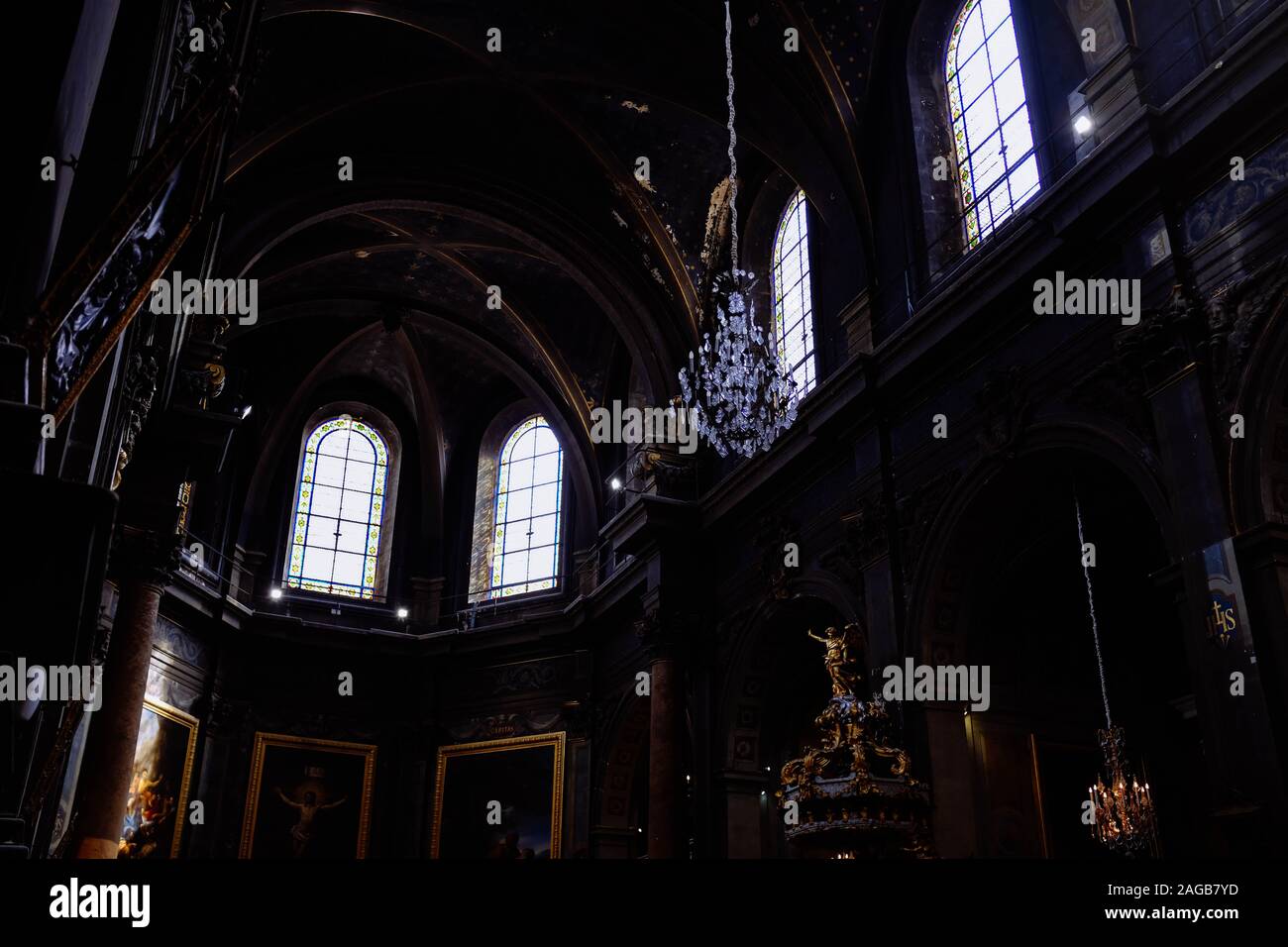 A Low Angle Shot Of The Beautiful Ceiling Chandeliers And The