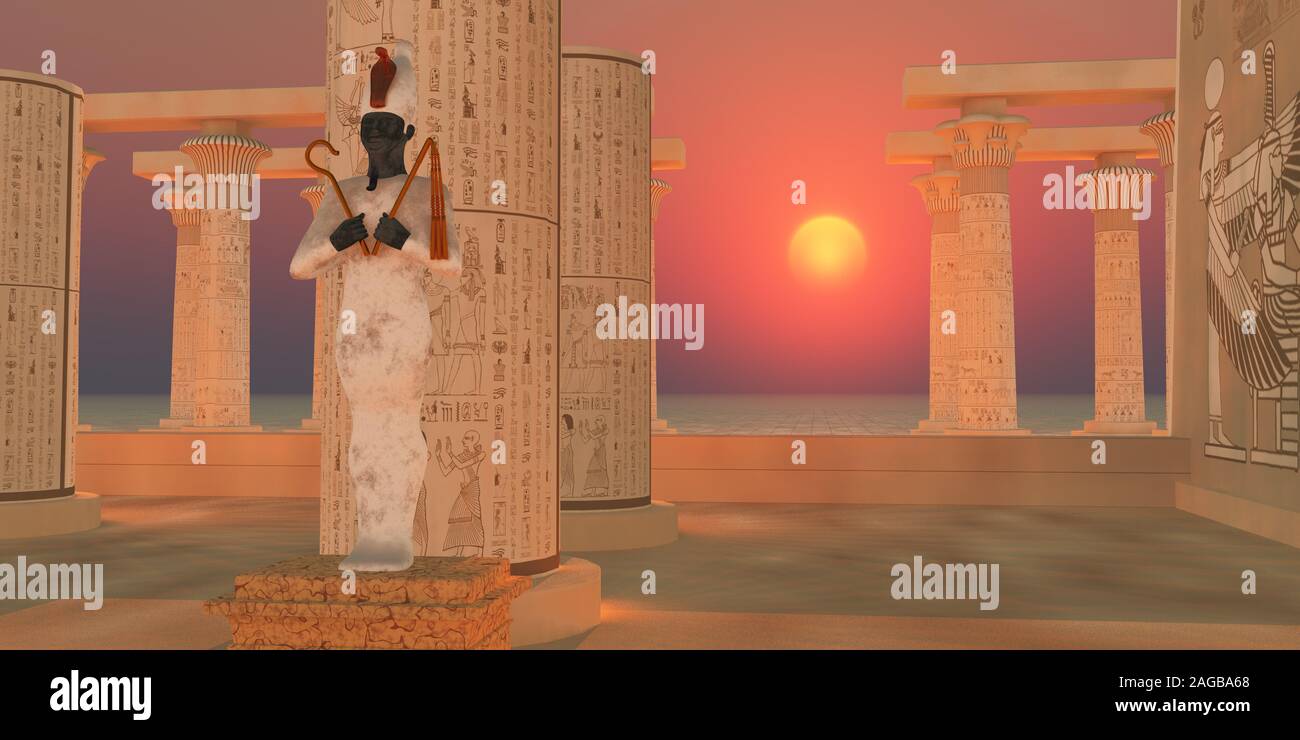The Egyptian god of resurrection and the afterlife Osiris stands as a statue in a temple in the desert. Stock Photo