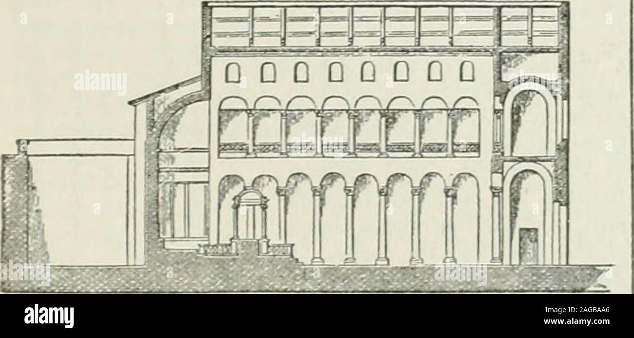 . The Encyclopaedia Britannica; ... A dictionary of arts, sciences and general literature. Fio. n.—Ground-Plan of Basilica of St Agnes at Feme. 1. Steps down to the church.a. Kartbcx. 3. Nave. 4. Side aisles witb gal- lenes above. fi. Altar. e. Bishops throne. 7,7,7. Modem chapels. it. St Cross originally had similar galleries, above thearcade.. Fw. 12.—Section of : -. Agnes at Rome. inougb inferior in size, and later in date than most oftbe basilicas already mentioned, that of St Clement is notsurpassed in interest by any one of them. This is due toits having retained its original ritual arra Stock Photo