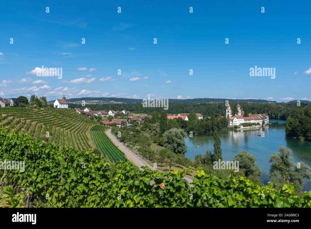 Landscape with the Rhine river, Rheinau Monastery Island and Saint Nicholas Mountain Church, Rheinau, Canton Zürich, Switzerland, Europe Stock Photo