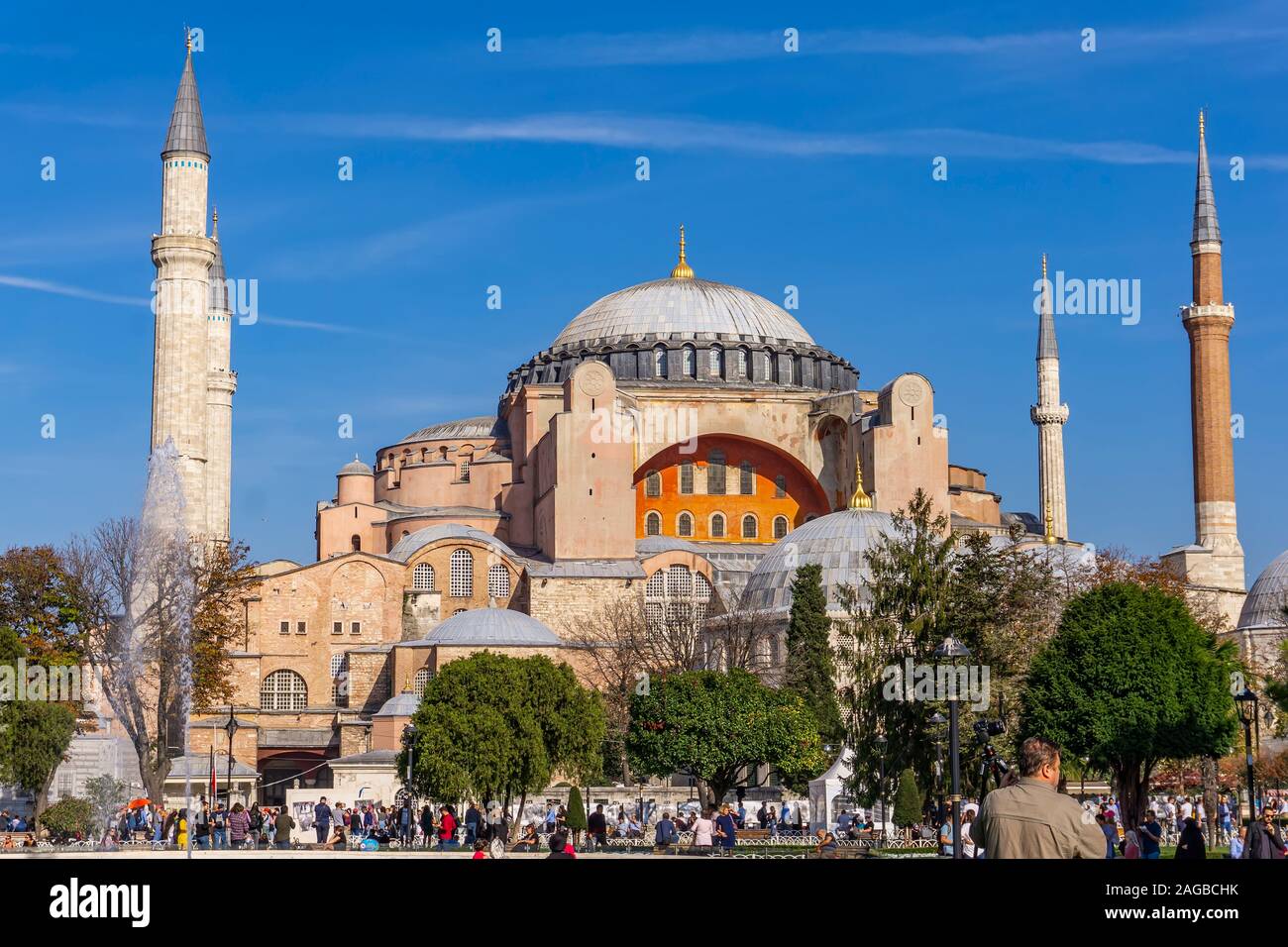 ISTANBUL, TURKEY - NOVEMBER 10, 2019: Unidentified people by Hagia Sophia in Istanbul, Turkey. It is the former Greek Orthodox Christian patriarchal c Stock Photo