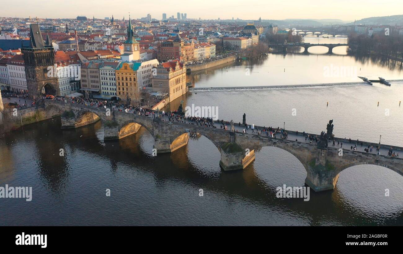 Aerial view of Charles Bridge at sunset light in desember in Prague, Czech Republic Stock Photo