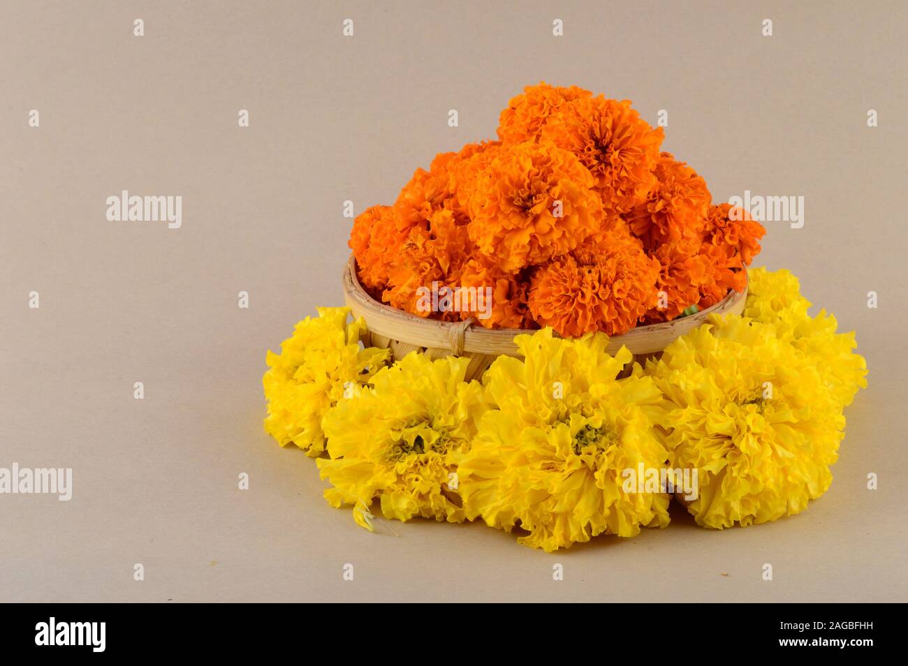 Marigold (Zendu Flowers) flowers in a bamboo basket Stock Photo Alamy