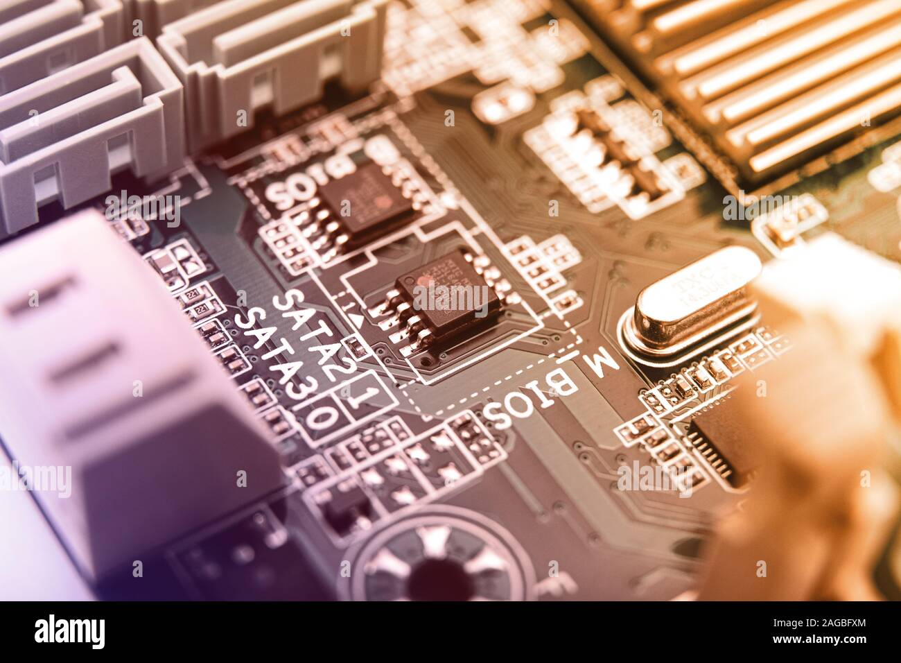 Modern printed circuit board, electronic circuit board, textolite. Background banner. Mother board, macro. Stock Photo