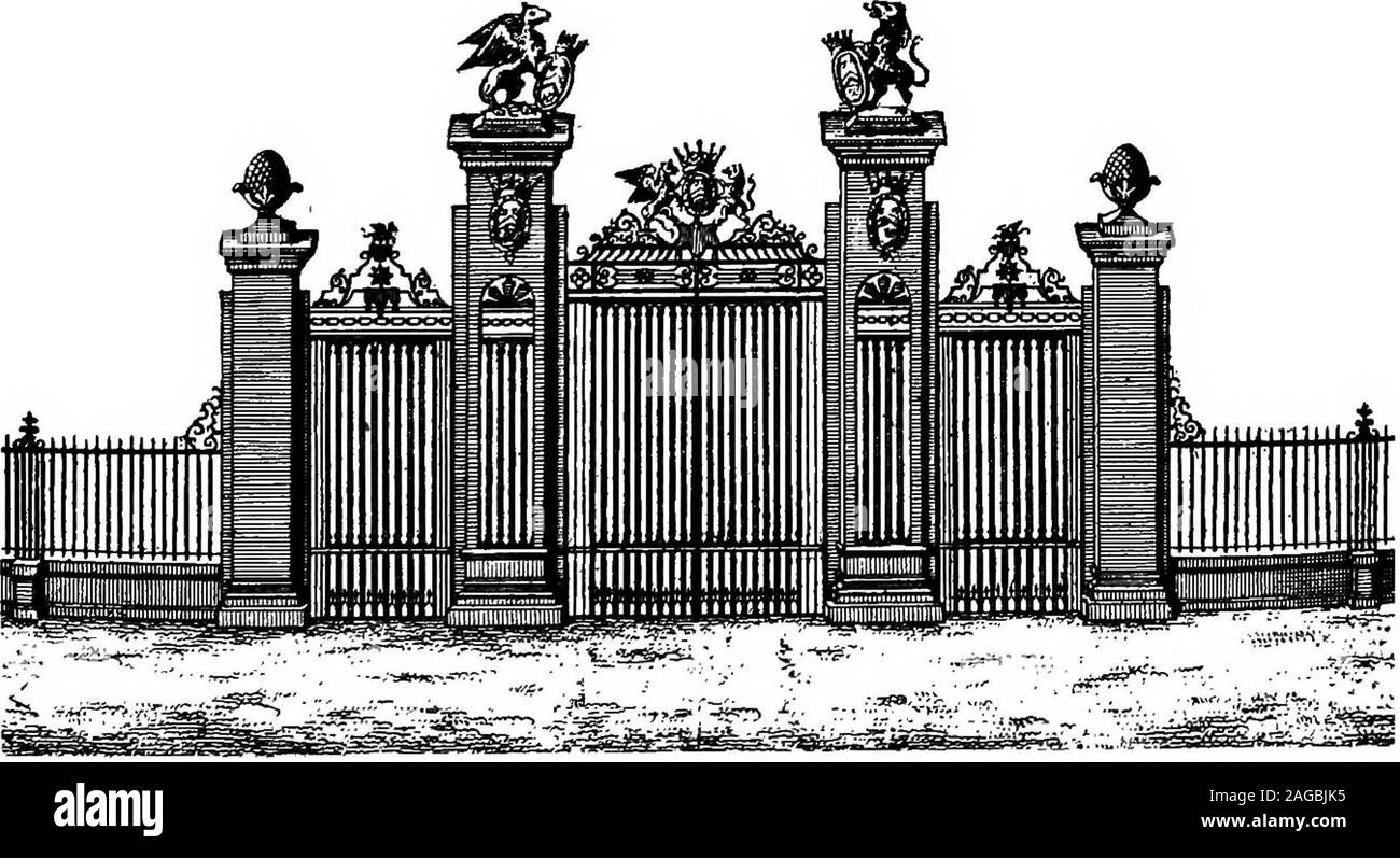 . English ironwork of the XVIIth & XVIIIth centuries; an historical & analytical account of the development of exterior smithcraft. s thevery plain wicket gate; the railings on either side are lofty,plain, and in three bays, divided by pilasters matching the piers,on a stone base, and returned at right angles, when the railing is inpanels between stone piers, surmounted by lead statuary, in a grandmanner. There was a plainer screen to Lees Court, and gatesto Knowlton Court, with eagles surmounting the stone piers.The gates to Umberslade in Warwickshire must have been veryremarkable, with wide Stock Photo