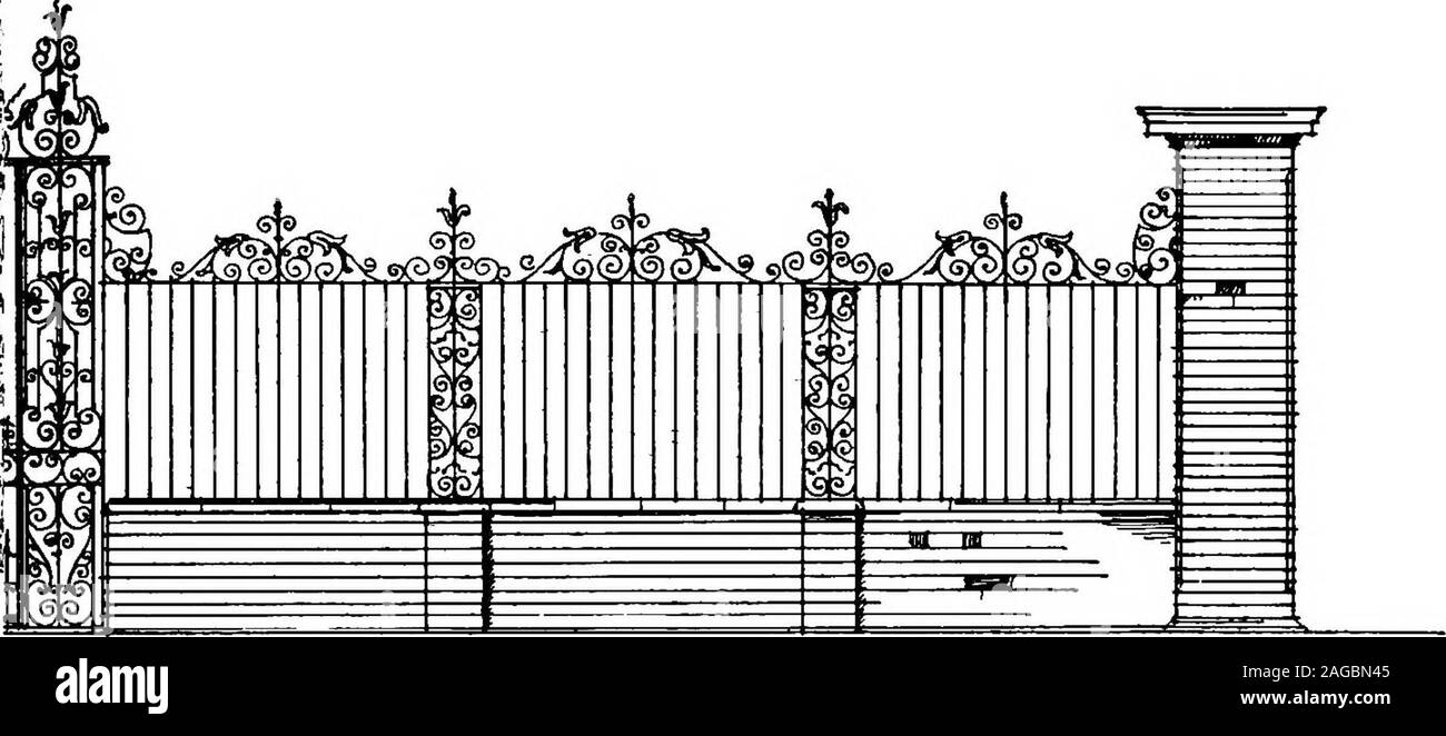 . English ironwork of the XVIIth & XVIIIth centuries; an historical & analytical account of the development of exterior smithcraft. to details, but lighter (Plate xxxix). The scrolled panels donot pass below the simple lock-rail, and those of the narrow pilastersresemble them, though differing in design. The overthrowon a plain horizontal bar comprises two pyramids of scrolls withwater-leaves over the pilasters, and a large central pyramid, raisedover a horizontal panel, under a small semicircle enclosing twosmall and naturalesque branches of laurel. The scroUs and water-leaves once culminated Stock Photo