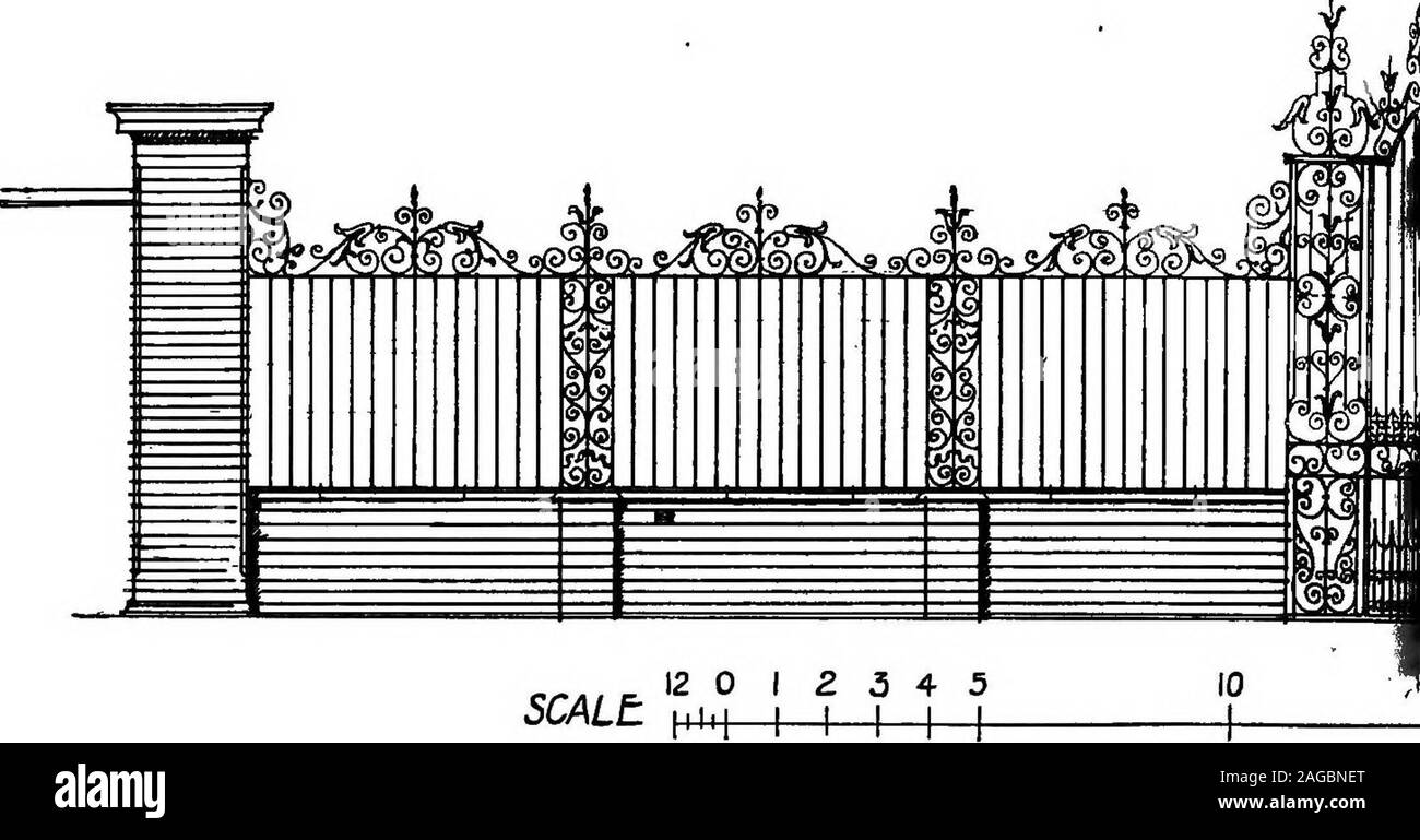 . English ironwork of the XVIIth & XVIIIth centuries; an historical & analytical account of the development of exterior smithcraft. bars below the lock-rail. Over thepanels are pyramids of G scrolls -supporting solid flask-shapedfinials with twisted points, seated on a massive horizontalbar.Under the central overthrow is a small semicircle bearing thewords Gods Gift, and curiously filled in by small laurel leavesand tendrils with the large oval above, bearing the arms, and acrest of Edward Alleyne the Founder of the College ; and oneither side are scrolls and leaves, stepped and bearing finial Stock Photo