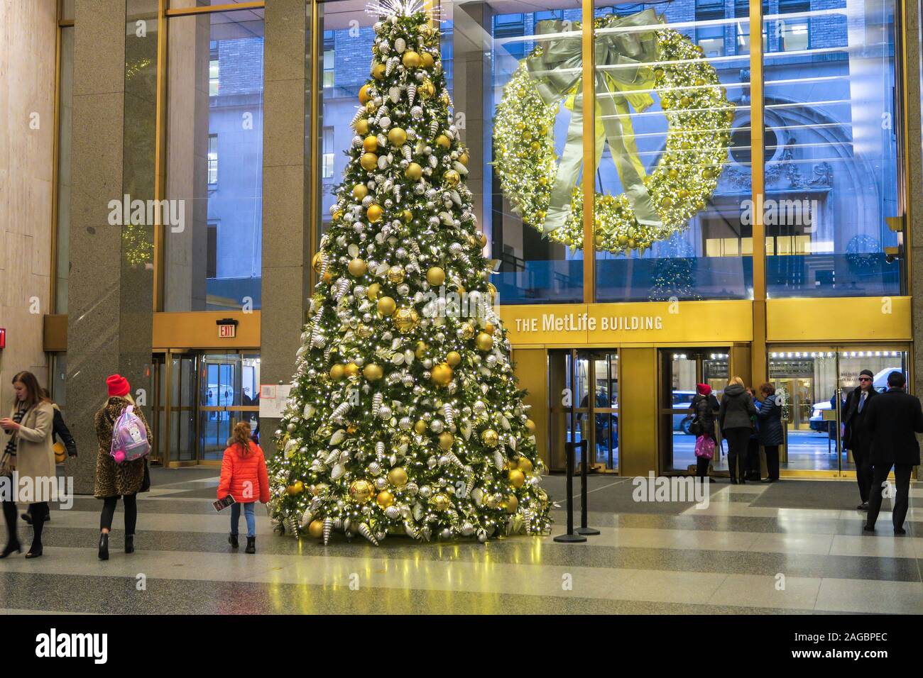 Christmas Tree, Lobby of MetLife Building, Holiday Season, NYC Stock Photo
