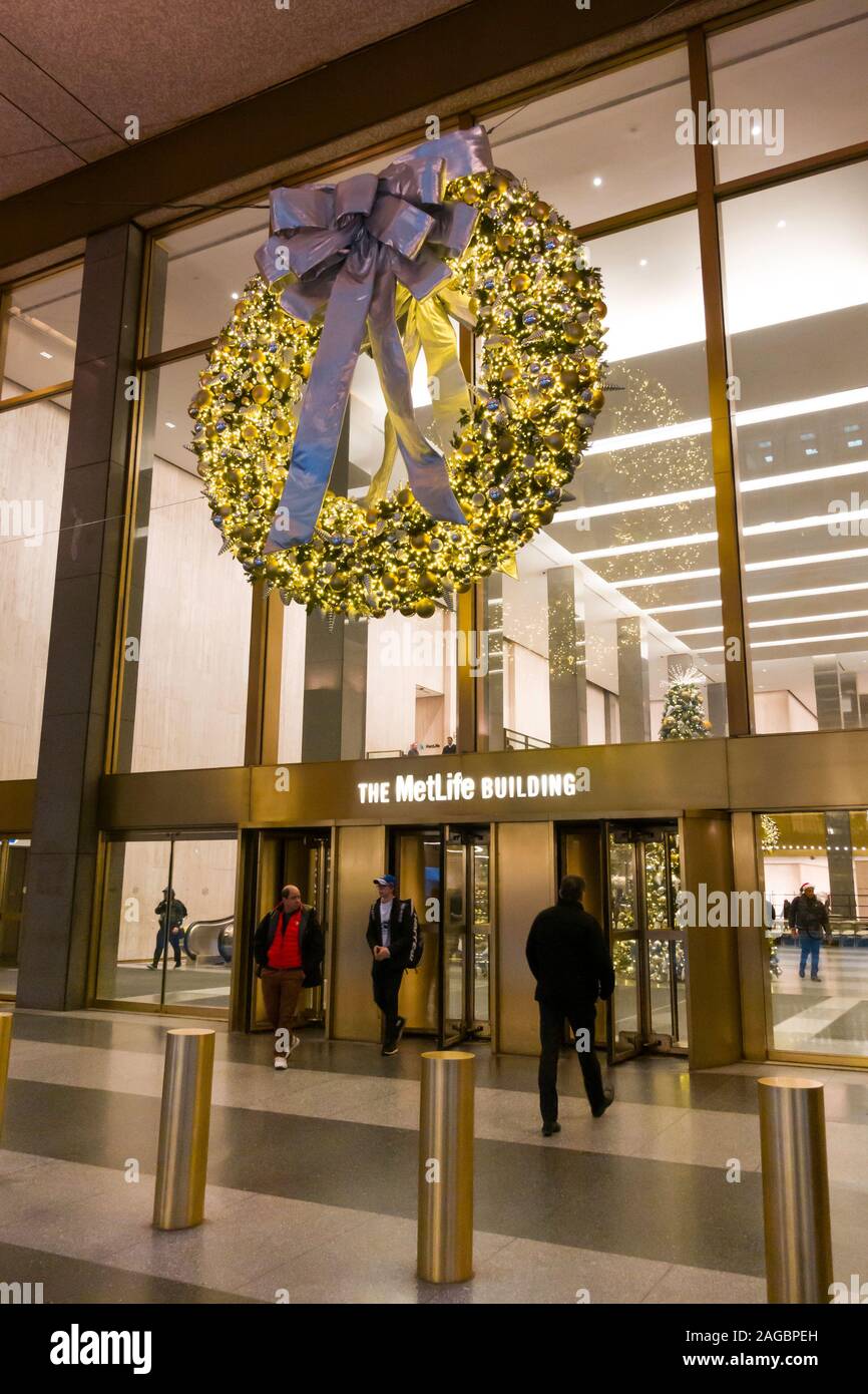 Wreath at Entrance of MetLife Building, Holiday Season, NYC Stock Photo