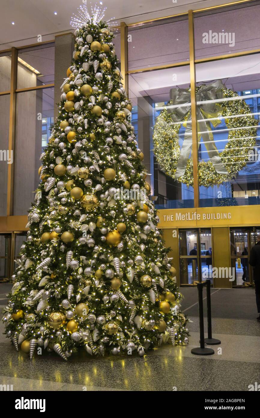 Christmas Tree, Lobby of MetLife Building, Holiday Season, NYC Stock Photo