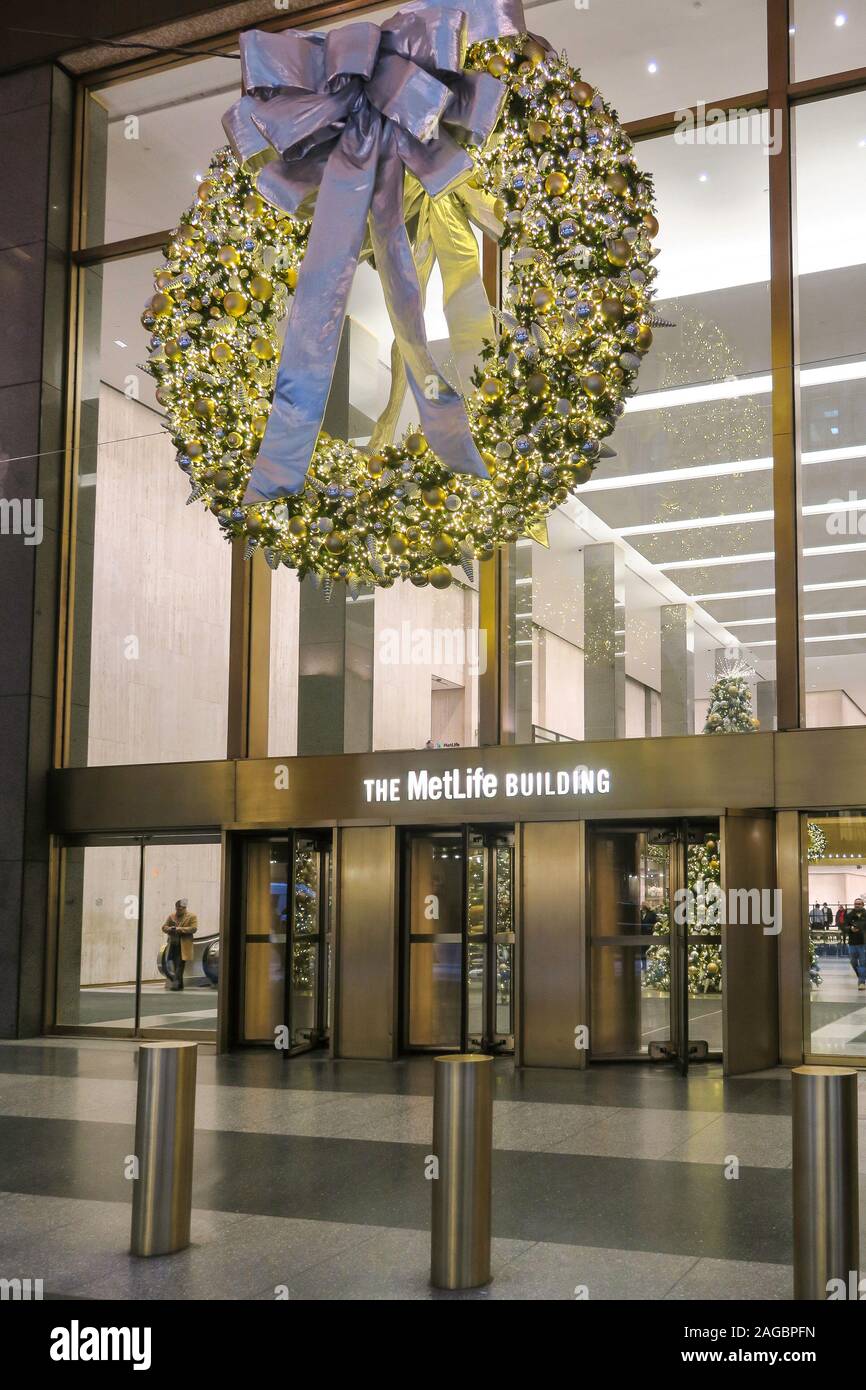 Wreath at Entrance of MetLife Building, Holiday Season, NYC Stock Photo