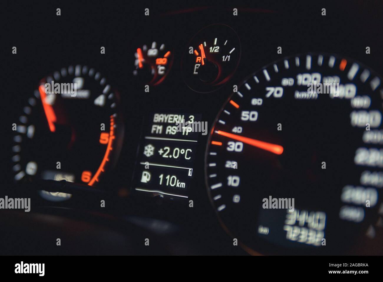 Close up shot of a speedometer in a car. Car dashboard. Dashboard