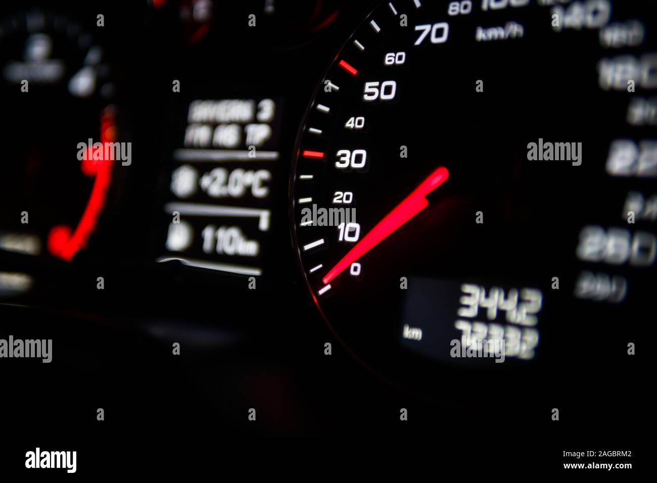 Close up shot of a speedometer in a car. Car dashboard. Dashboard