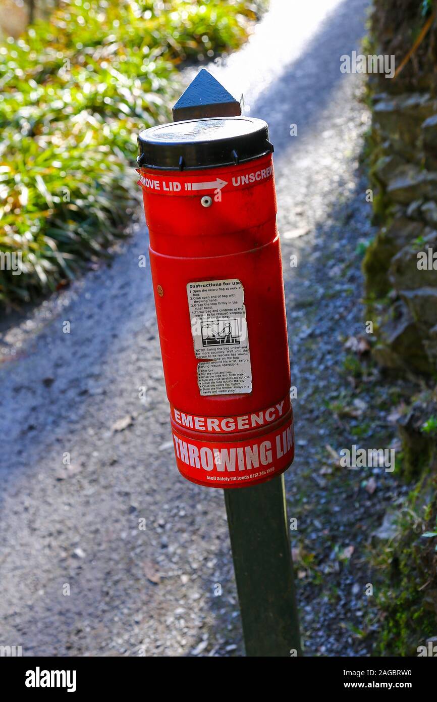 A Throw line container containing an emergency safety throwing line at Bodnant Gardens, Tal-y-Cafn, Conwy, Wales, UK Stock Photo