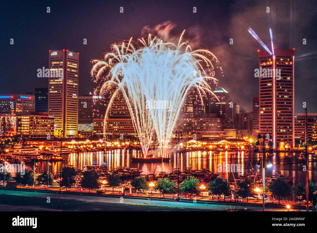 Fireworks being launched from the inner harbor for the Harborplace 20th