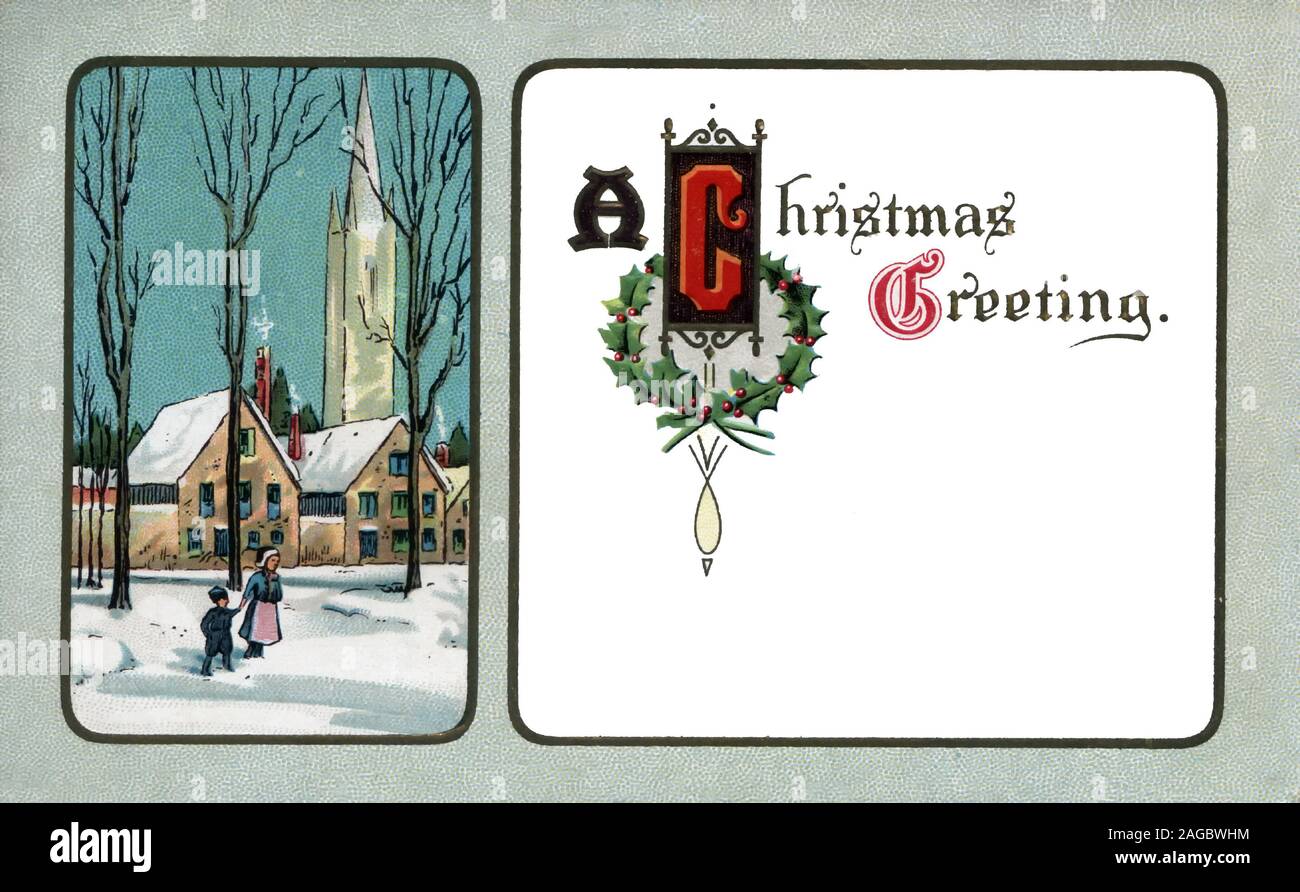 Two people walking in the cold Winter snow. Rural scenic with church steeple in the background. Illustration, Vintage Postcard Christmas, copy space Stock Photo