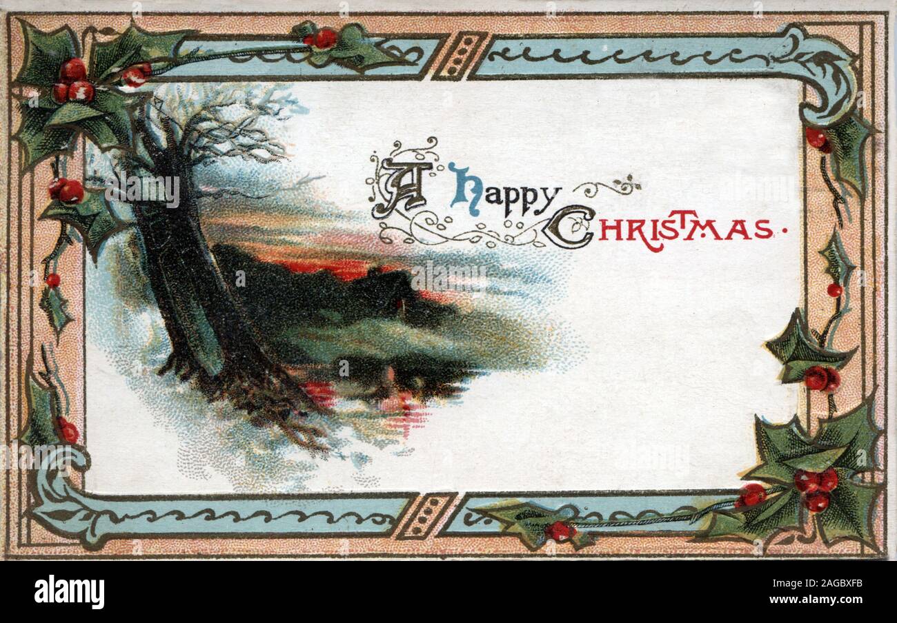 A Happy Christmas Vintage Christmas Illustration, Old antique holiday postcard greeting card, distressed surface, from before 1923 cottage by the rive Stock Photo