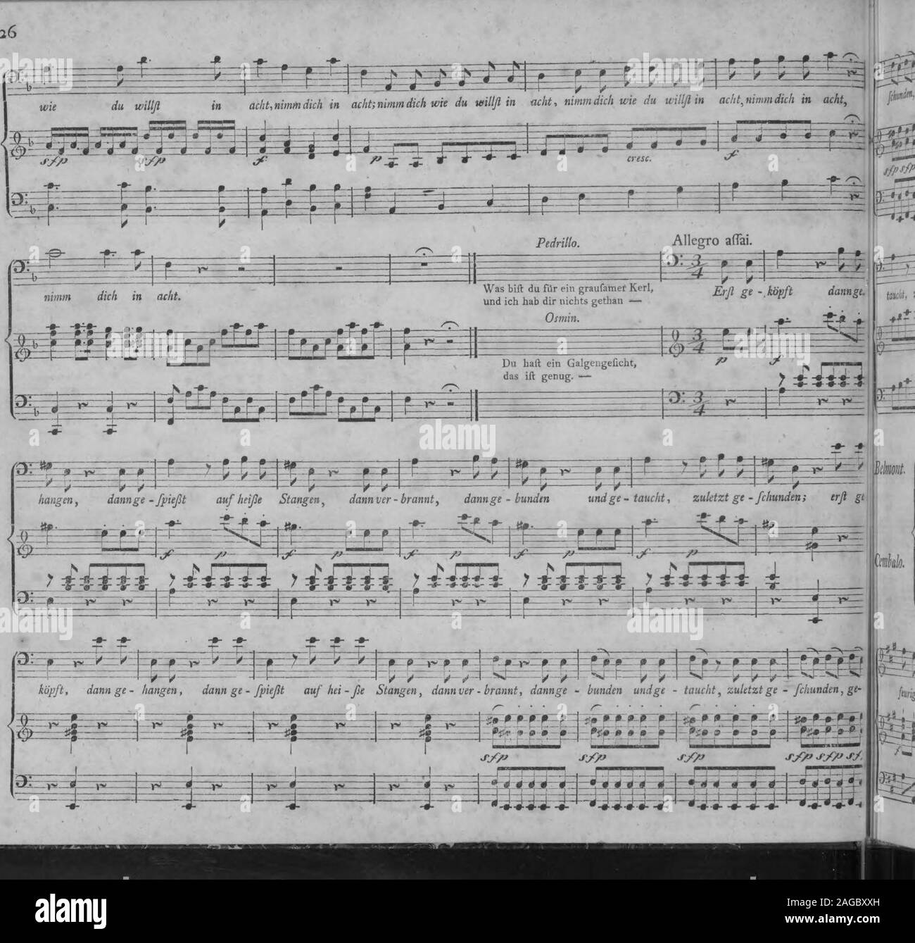 . Die Entfuhrung aus dem Serail : ein komisches Singspiel in drey Aufzugen (1796). Mozart, Entführ. as dem Serail. mra^. m^^z^m^ fchunden, ge - fchunden; erfl ge - köpft, dann ge - hangen, dann ge -fpiefst auf heiße Stangen, dannver-brannt, dannge - bunden undge-  r    ^  ^t*T*^ , rf fl - Stock Photo
