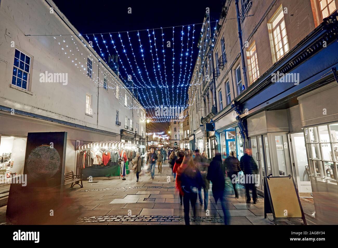 Christmas market decorated stalls and shops in the centre of Bath Spa, UK Stock Photo