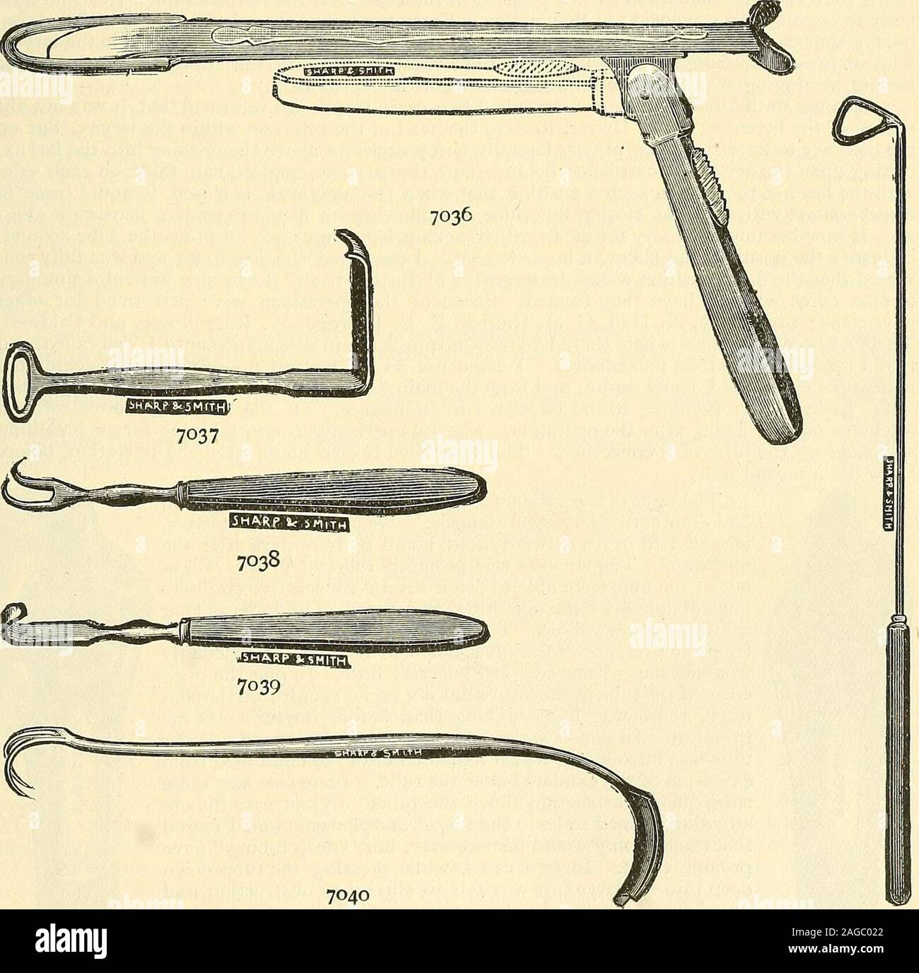 . Catalogue of Sharp & Smith : importers, manufacturers, wholesale and retail dealers in surgical instruments, deformity apparatus, artificial limbs, artificial eyes, elastic stockings, trusses, crutches, supporters, galvanic and faradic batteries, etc., surgeons' appliances of every description. See pages 447 to 523 for other Mouth and Throat Instruments, SHARP & SMITH, CHICAGO. 909 MISCELLANEOUS INSTRUMENTS—Mouth and Throat PIG. *703o Allinghams Mouth Gag (Annandales) $ 5 *703i Henrotins 2 *7o32 Faengers 4 *7o33 Dr. F. C. Hotz Curved Tonsil Forceps 3 *7034 Worrells Head Band Metal Spring to Stock Photo