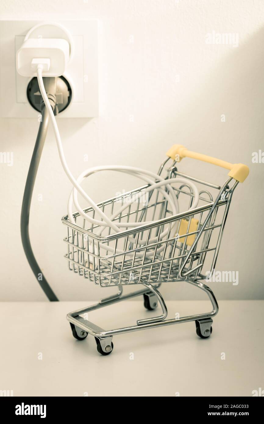 electricity price increases, Concept, Shopping trolley with cable and