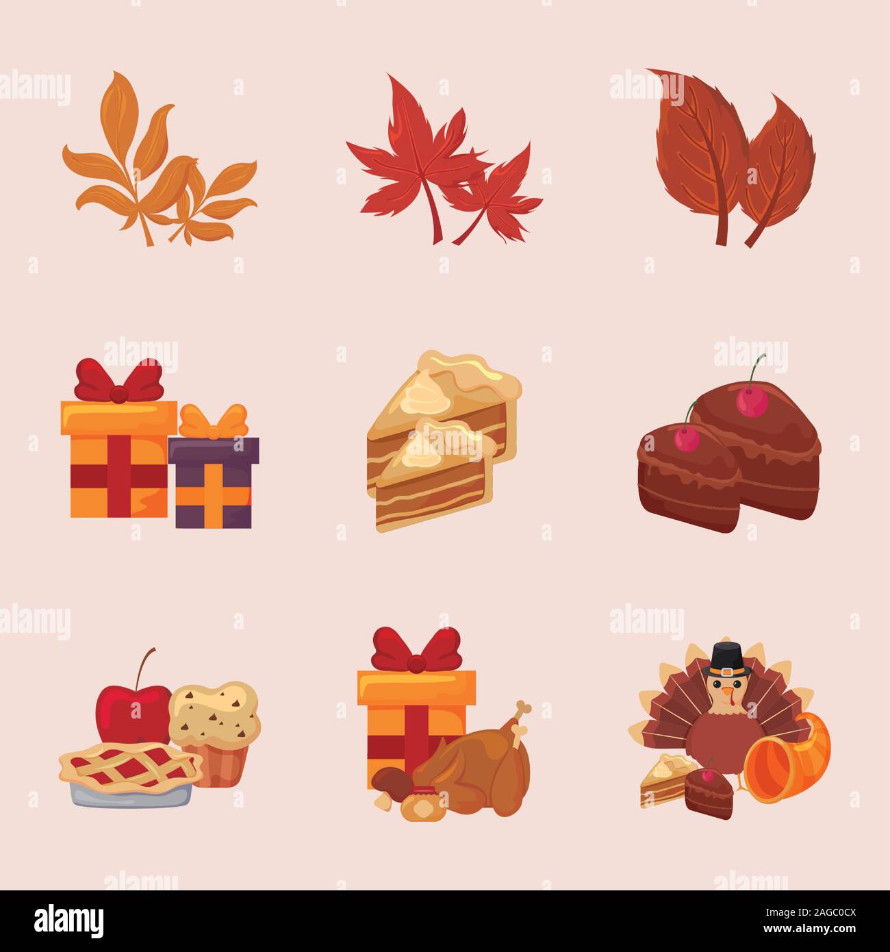 Happy thanksgiving day icon set design, Autumn season holiday greeting ...