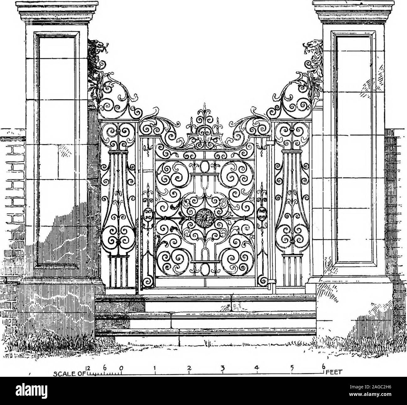 . English ironwork of the XVIIth & XVIIIth centuries; an historical & analytical account of the development of exterior smithcraft. William Edney 17 of scrolls and pTramid tops at intervals. A low but beautiful wicketin the garden (Fig. 28) is square, with a large centre rosette andscroll design repeating four times with a narrow vertical panel oiieither side and rich top ; between fixed pilasters with lyre filling?. ALFRED H. HIND, del.FIG. 28.. GARDEN GATES AT SCRAPTOFT HALL, NEAR LEICESTER, BY EDNEY. and buttress scrolls of laurel sprays and eagle-headed acanthus overthem abutting on stone Stock Photo