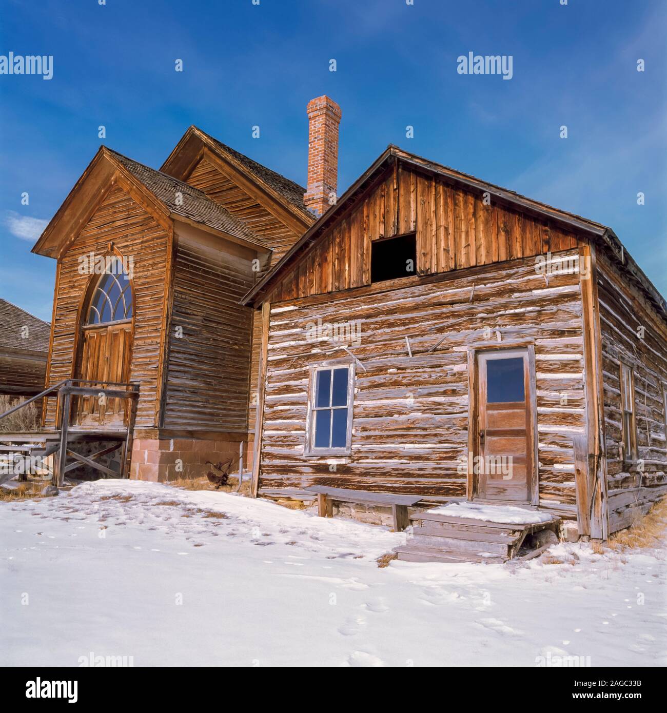 old church and cabin at bannack state park ghost town near dillon