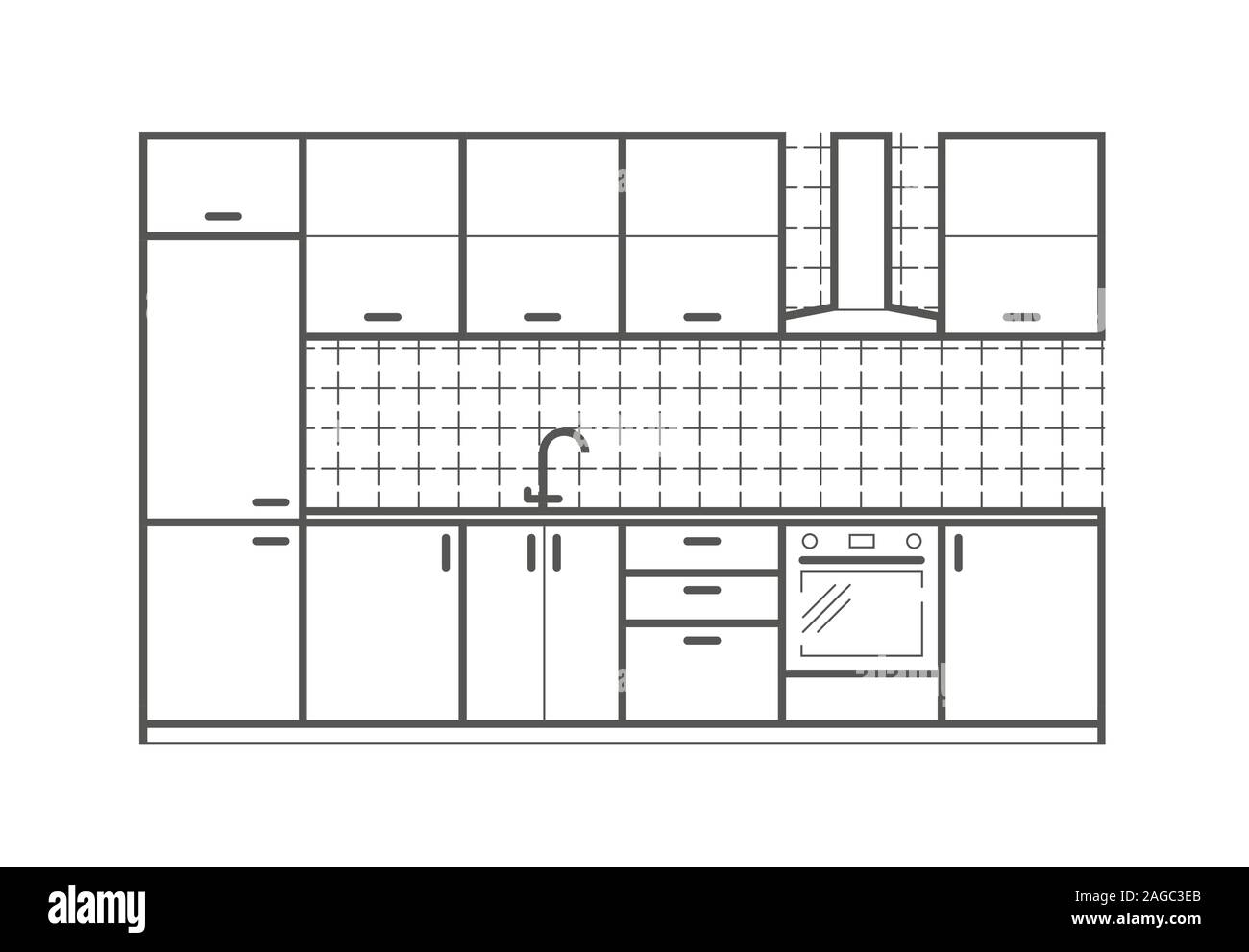 Kitchen furniture front view in linear style. Interior vector illustration Stock Vector