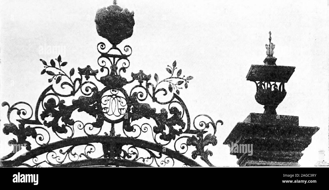 . English ironwork of the XVIIth & XVIIIth centuries; an historical & analytical account of the development of exterior smithcraft. GATES TO TEWKESBURY ABBEY BY WILLIAM EDNEY,MADE FOR LORD GAGE IN 1734. William Edney 73 thirty years, or the gates may have been brought from an earlierbuilding, or a successor was left imbued with his traditions. Thegates to St. Johns Hospital in Warwick resemble those in QueensSquare, Bristol, and like the rail to the Leicester tomb in St. Marys,Warwick, are characteristic of Edney. The hospital gates werefor many years overgrown with ivy, and the entire overthr Stock Photo