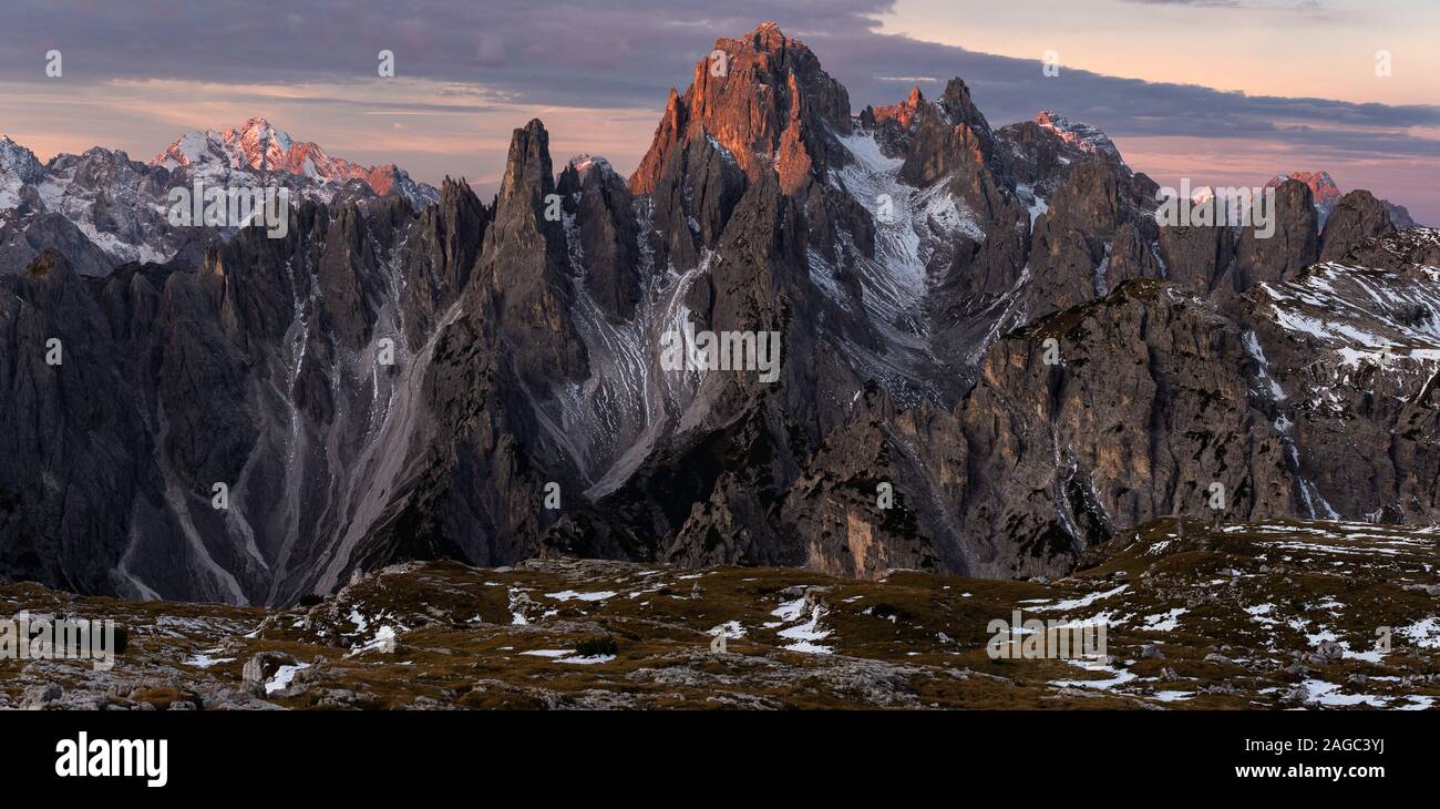 Panoramic shot of the mountain Cadini di Misurina in the Italian Alps Stock Photo