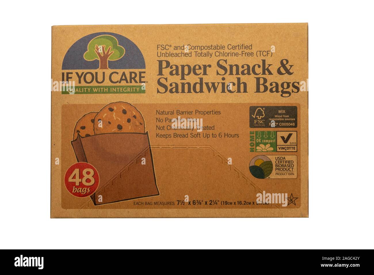 Paper snack and sandwich bags, an eco-friendly, environmentally friendly, compostable, plastic-free alternative to plastic bags, by If You Care Stock Photo