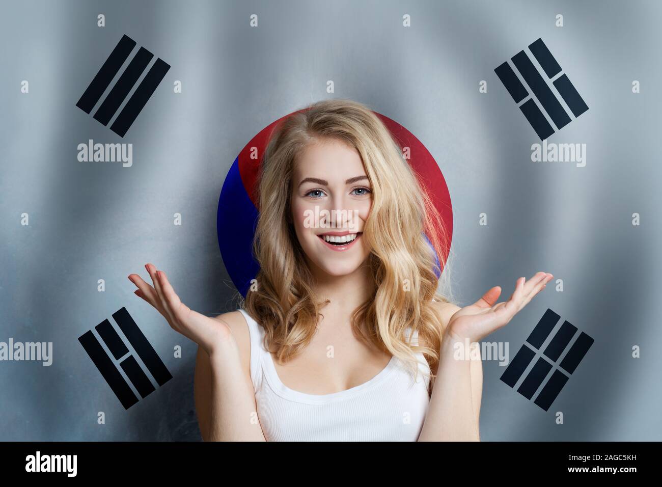 Korean Concept With Happy Surprised Cute Girl With Korea Flag Background Travel And Education Concept Learn Korean Language Stock Photo Alamy