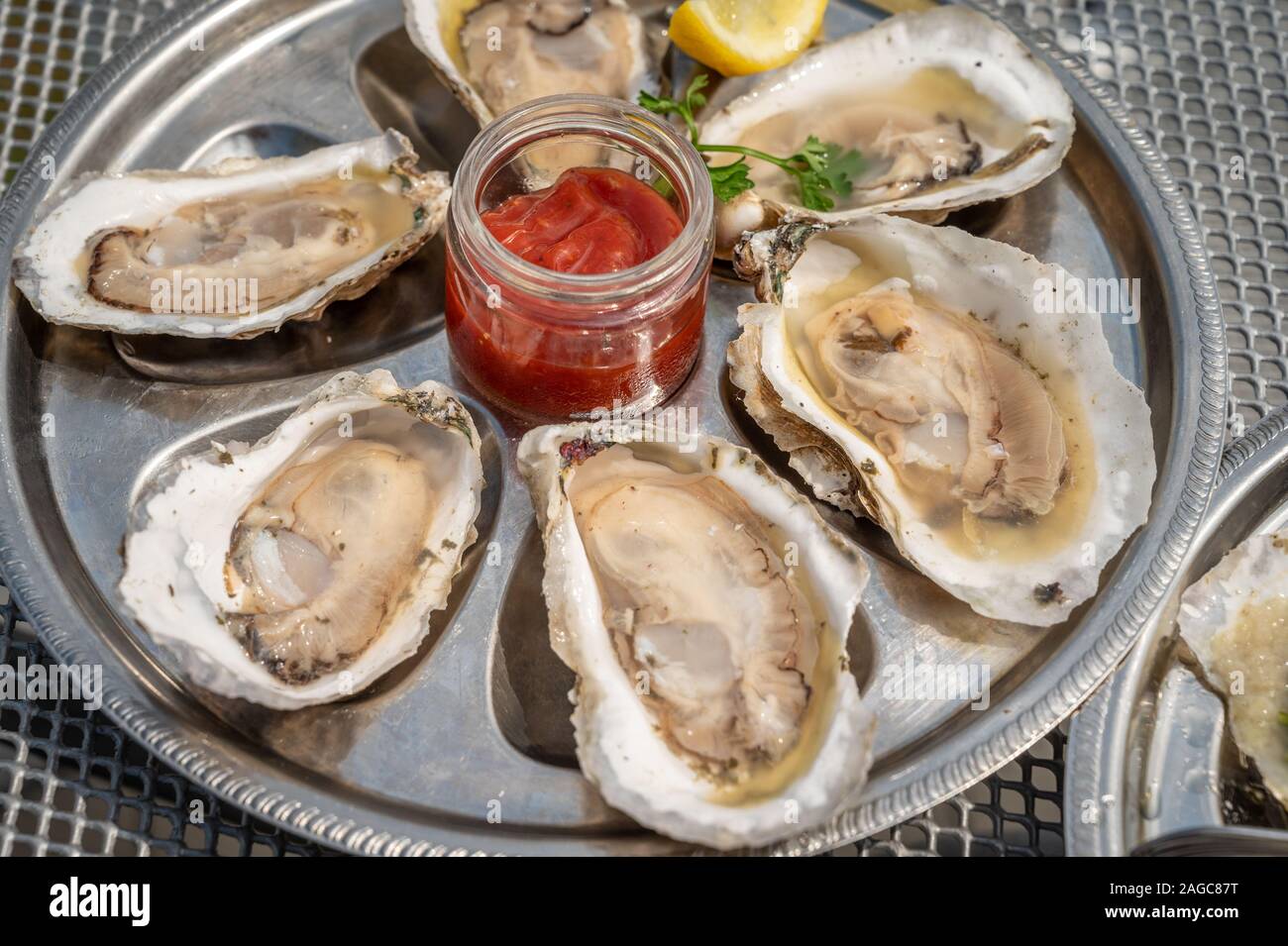 Oysters served up on a platter and ready to eat , Piney Point, Maryland, USA Stock Photo