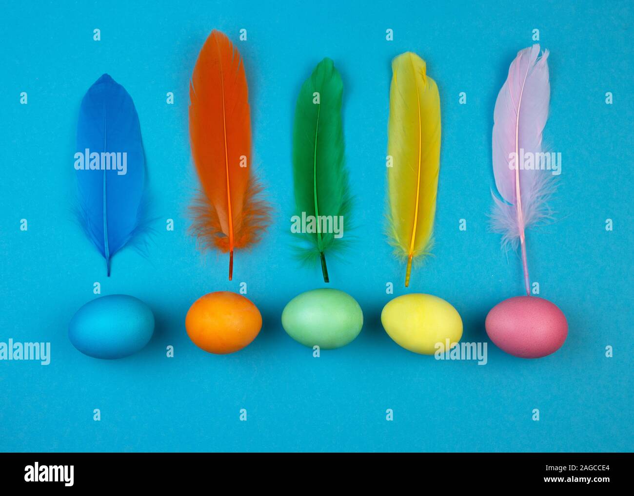 Easter multi-colored eggs and feathers on blue background. Stock Photo