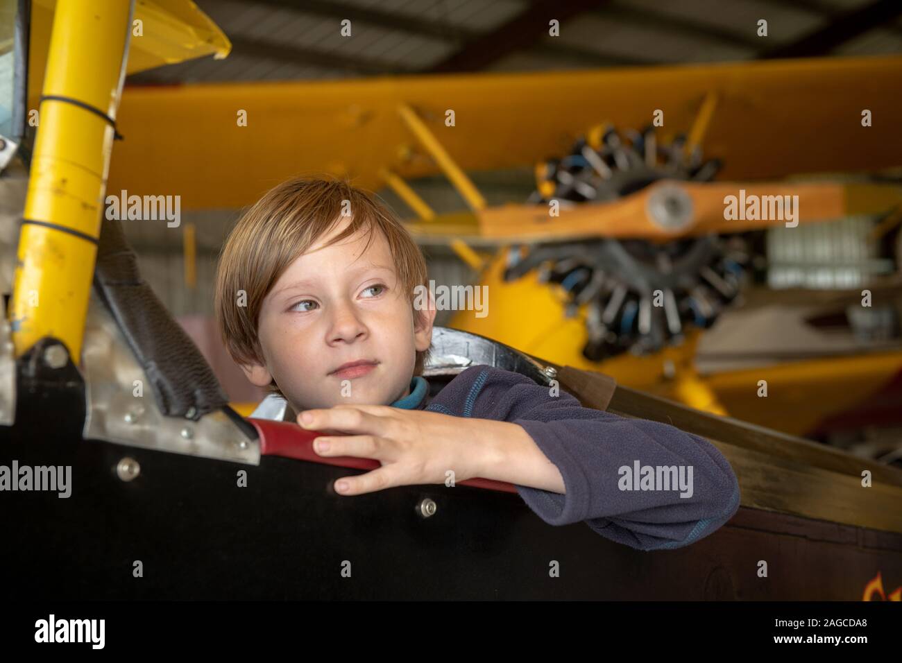 Young Boy in Pietenpol Air Camper ( Grega GN-1 ) airplane. Stock Photo