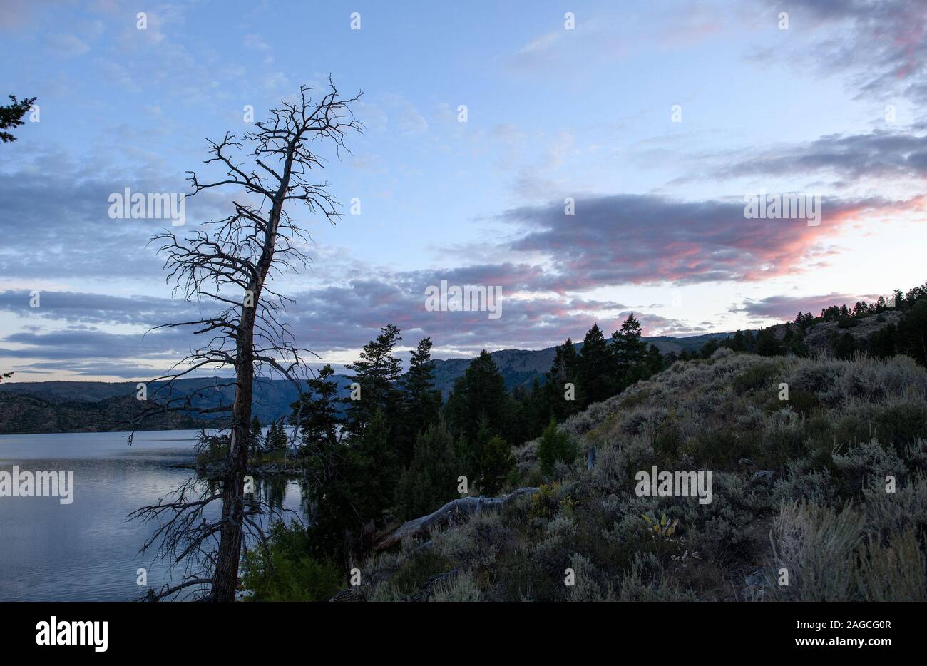 Sunrise at Fremont Lake near Pinedale and the Wind Rivers, Wyoming. Stock Photo