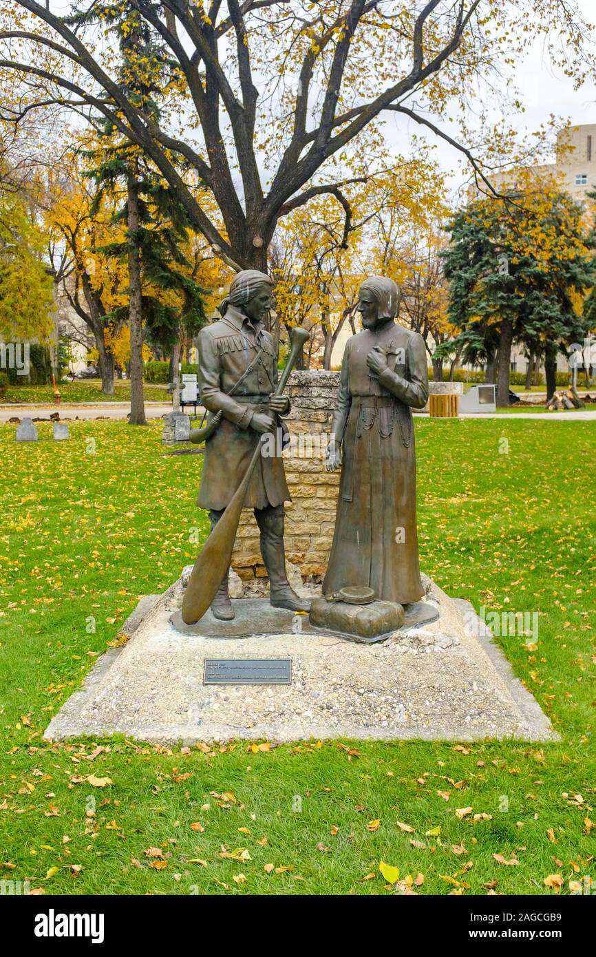 Statues of early missionaries Jean Baptiste de la Verendyre and Fr Jean