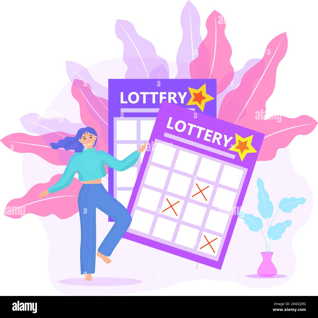 Lottery ticket, woman playing lotto, win icon flat style. Vector illustration Stock Vector