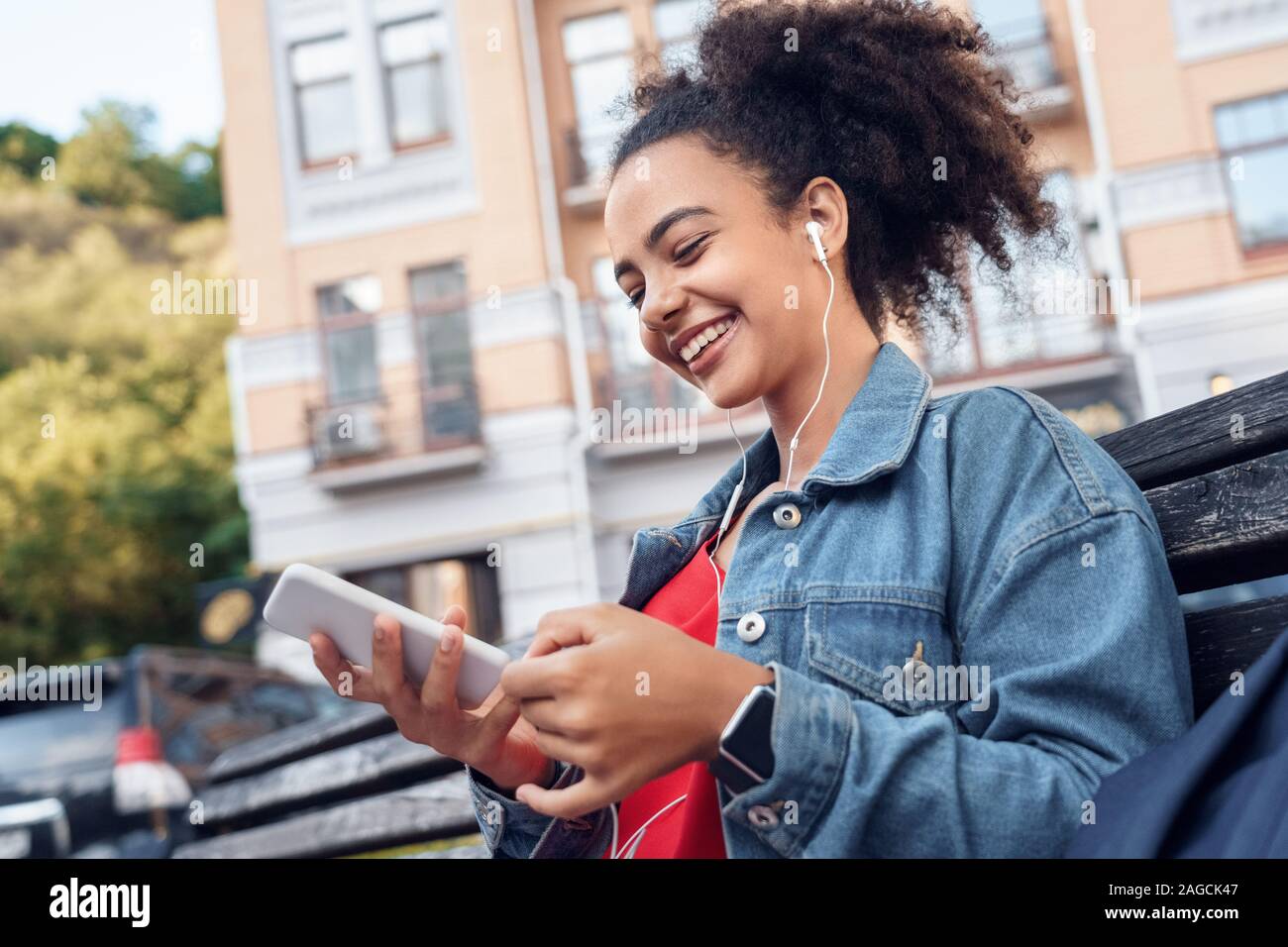 Outdoors Leisure Young Stylish African Girl In Denim Jacket And