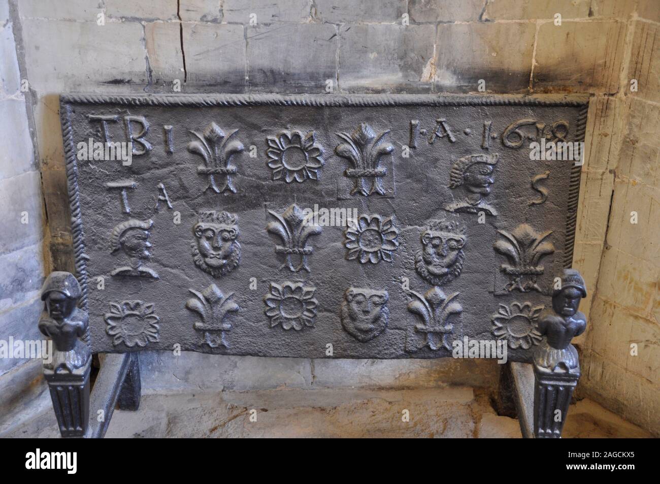 Cast iron Fireback dated 1618 in Godolphin House, nr Helston, Cornwall, UK. Stock Photo