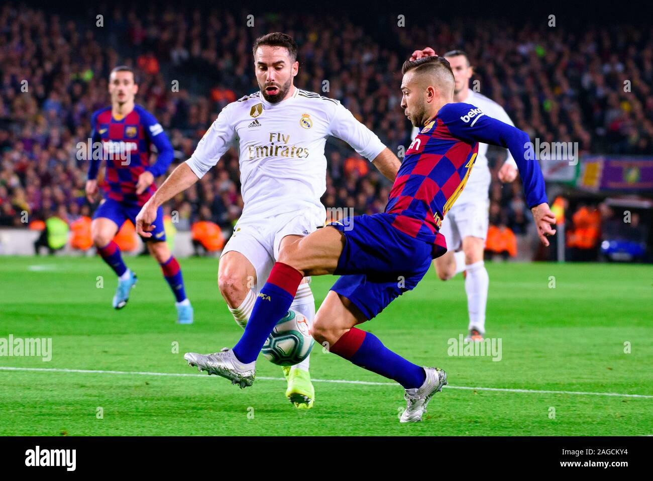 Barcelona, Spain. 18th Dec, 2019. Carvajal (L) and Jordi Alba (R) play during the La Liga match between FC Barcelona and Real Madrid CF at the Camp Nou Stadium in Barcelona, Spain. Credit: Christian Bertrand/Alamy Live News Stock Photo