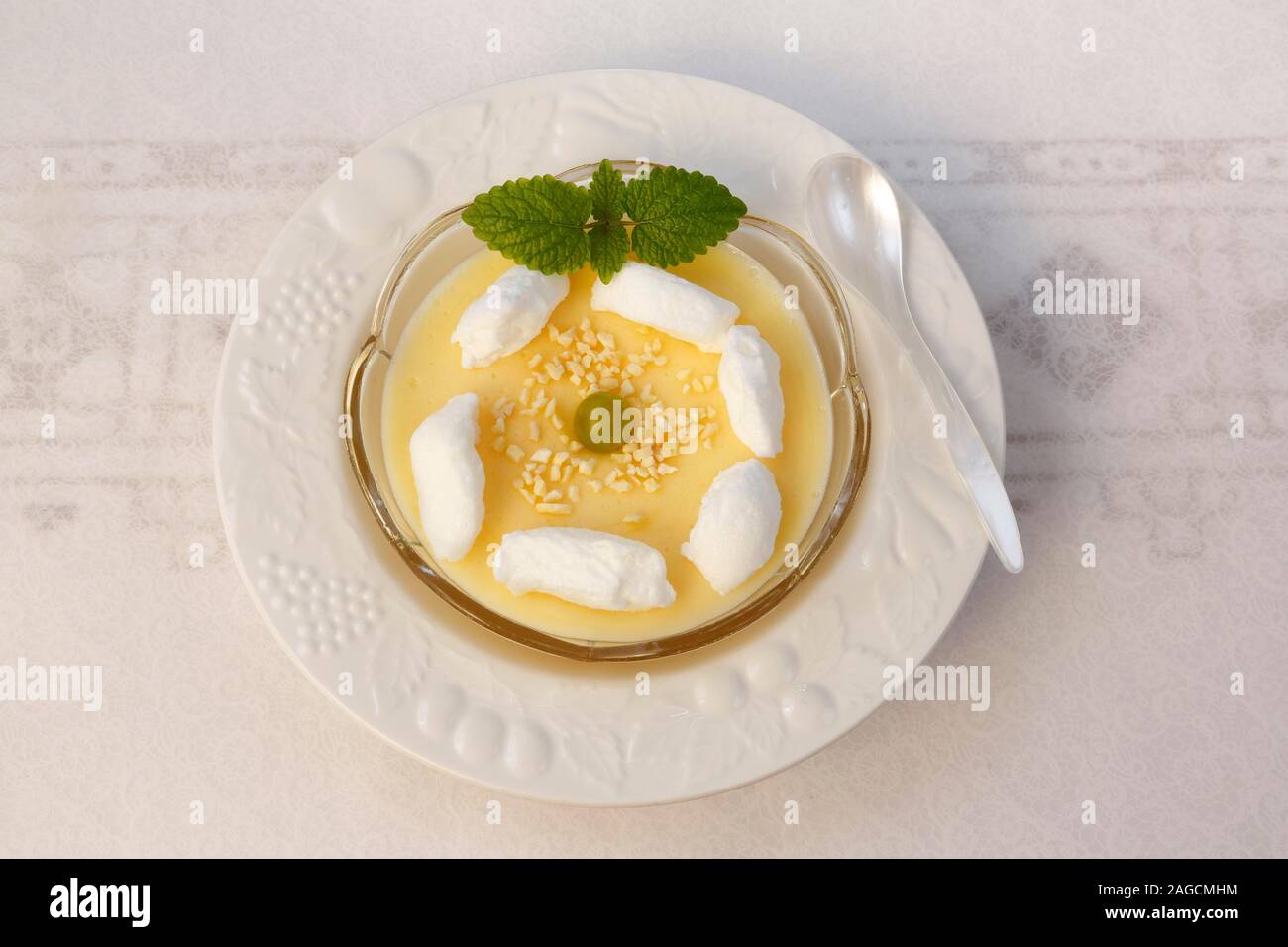 Swabian dessert in dessert bowl, Stuttgart wine cream with protein foam, Germany Stock Photo