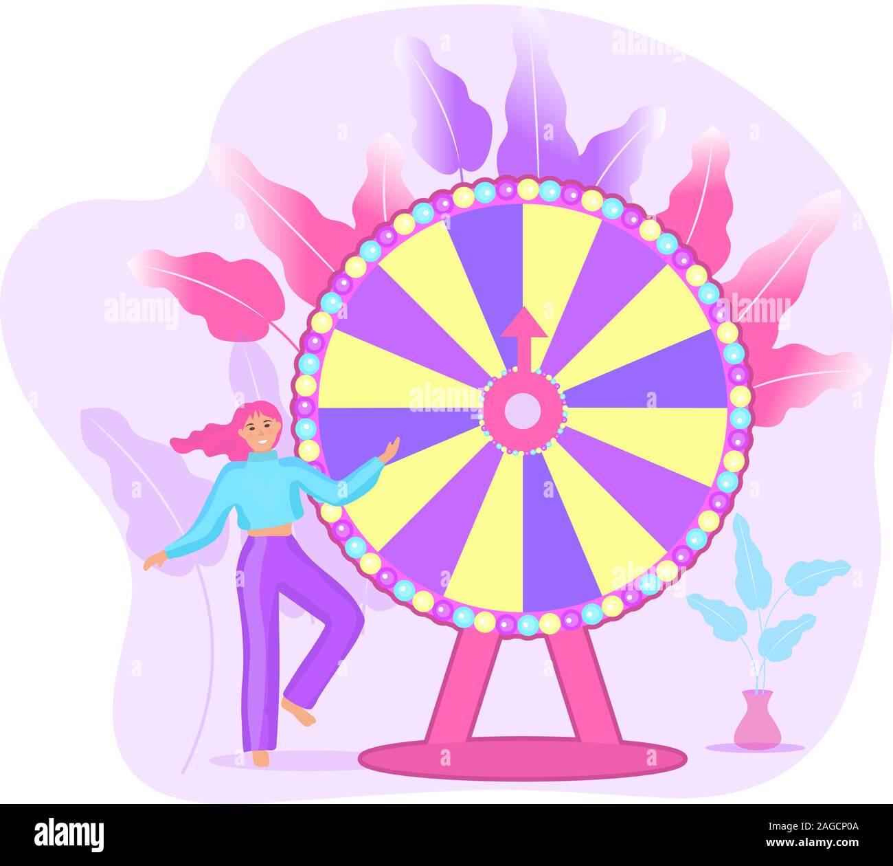 Wheel of Fortune and the girl, roulette luck flat icon for casino games, winning, luck, success. Vector illustration Stock Vector