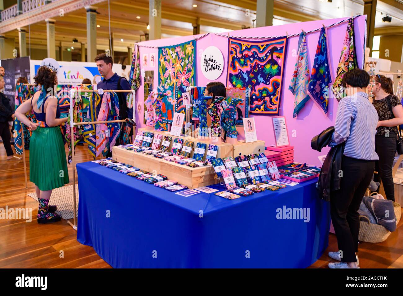 Stalls at the Big Design Market for Christmas shopping at the Royal Exhibition Building in Melbourne, Australia Stock Photo