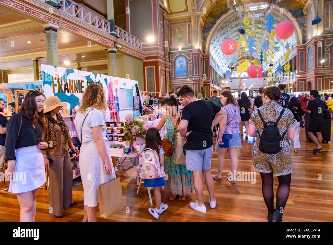Stalls at the Big Design Market for Christmas shopping at the Royal Exhibition Building in Melbourne, Australia Stock Photo