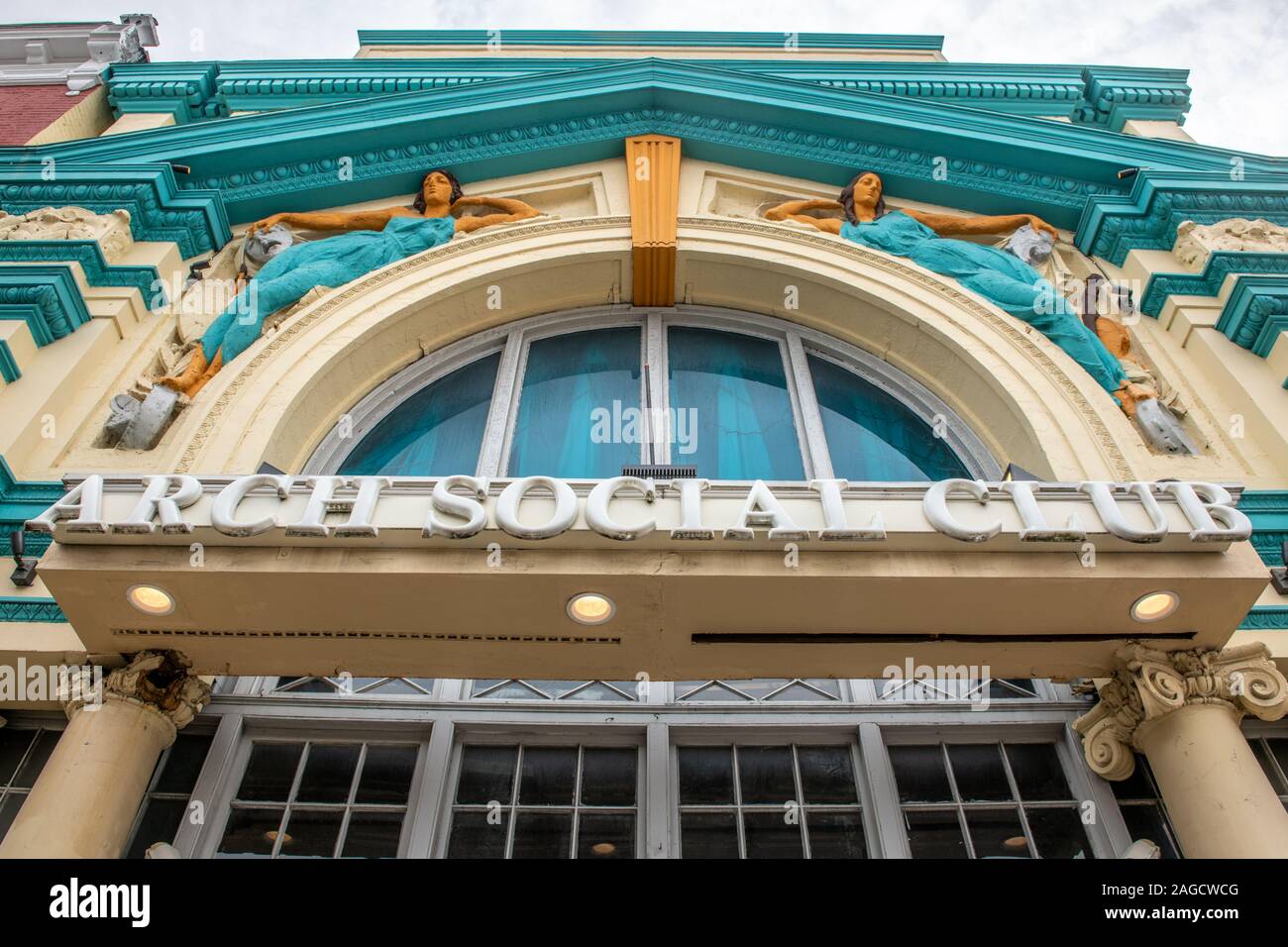 The aged entrance to the Arch Social Club , Baltimore, Maryland, USA
