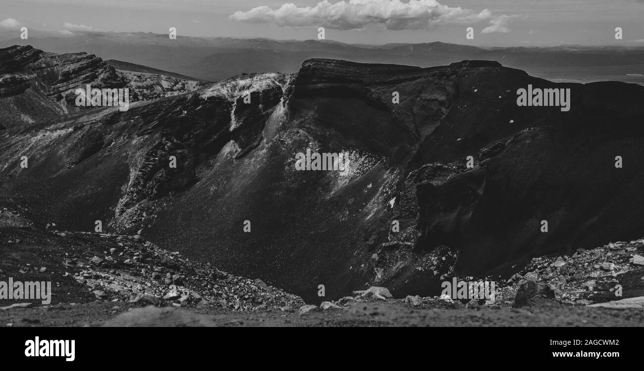 Grayscale shot of the Red Crater, Tongariro Alpine Crossing, in New Zealand Stock Photo